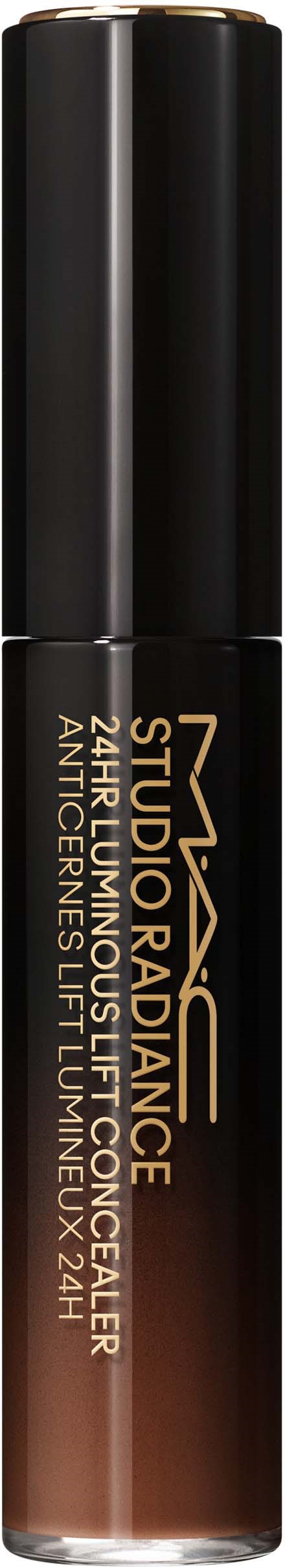 Een lippenstift met zwarte dop en bruin onderdeel, gemarkeerd MAC Studio Fix.