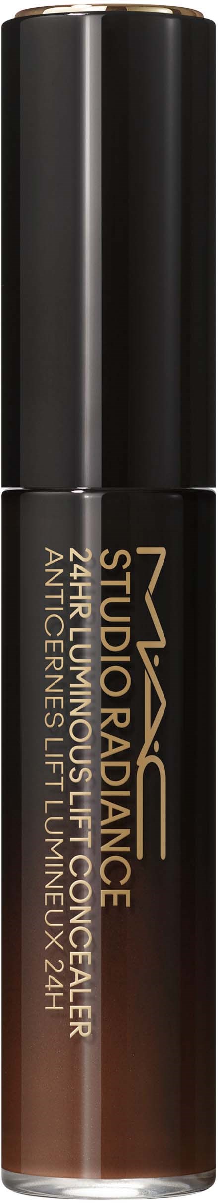 Lippenbalsem tube met zwarte dop en bruin vloeistof binnen. Tekst op de tube beschrijft het als Studio Radiance Lip Gloss.