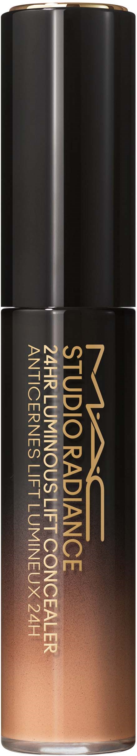 Een zwarte tube met een beige make-up product en merktekst.