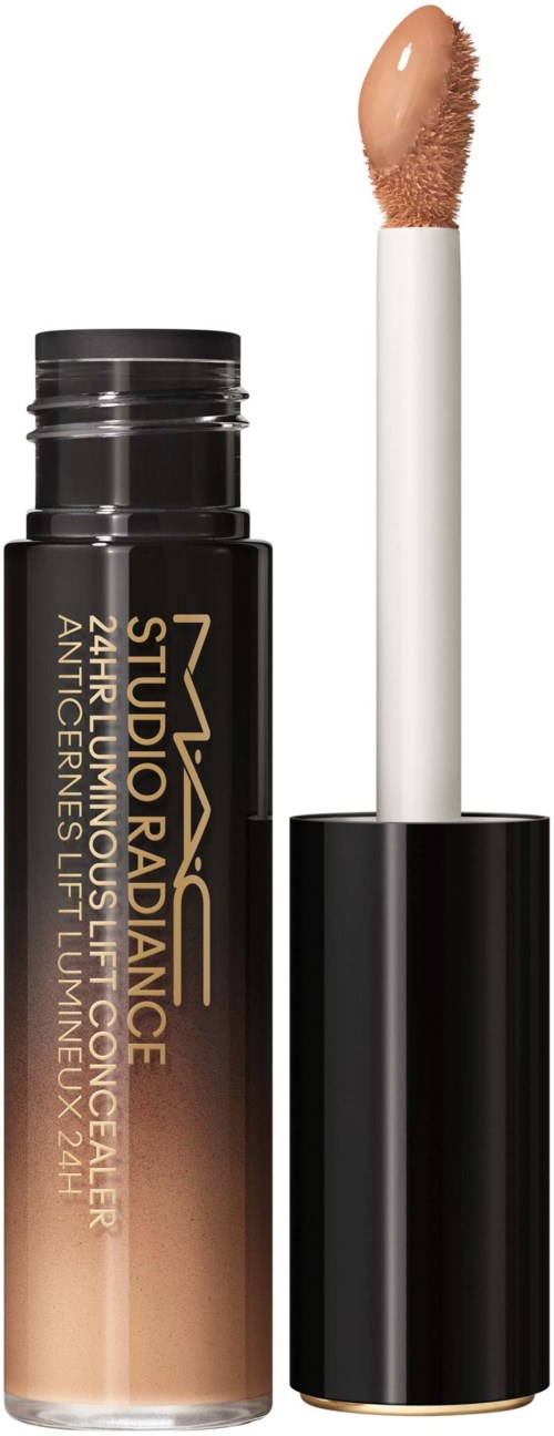 Een concealer met stift, zwarte dop en beige product met een kwastpunt.