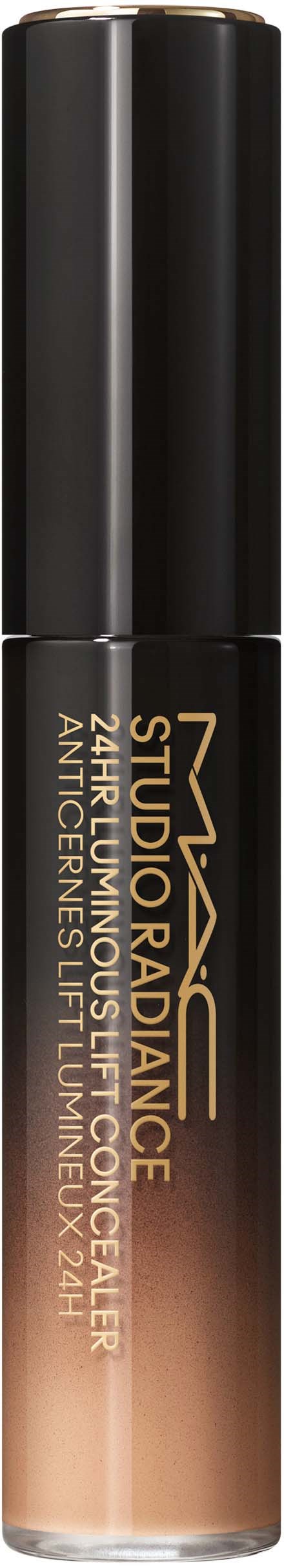 Een lippenstift met zwarte dop en beige onderkant. De tekst op het label is goud en wit.