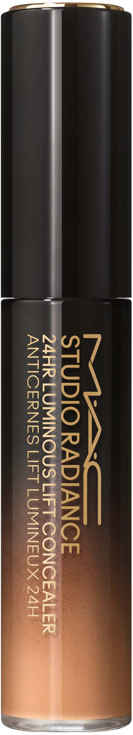 Een tube NYX Studio Radiance Illuminating Concealer met zwarte dop en beige-bruin verloopflesje.