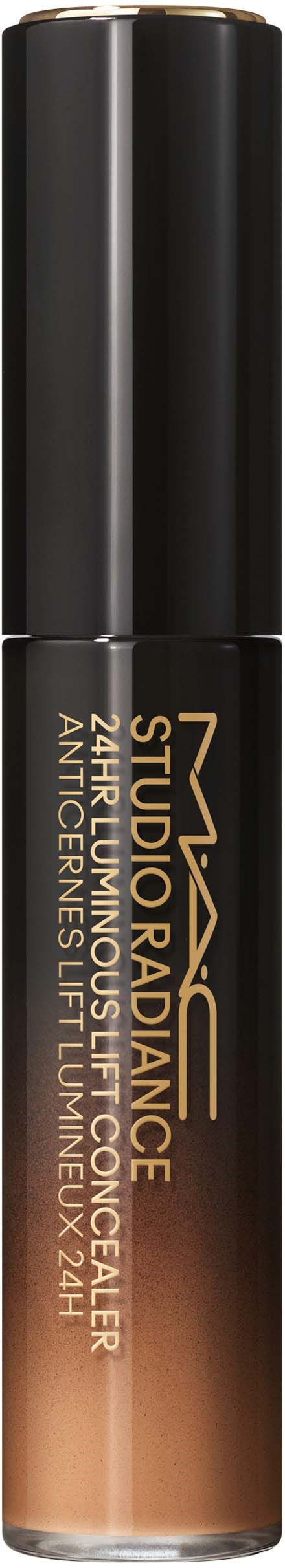 Een lange fles NYX Studio Radiance Concealer met zwarte dop en verloop van oranje naar bruin. Gouden tekst.