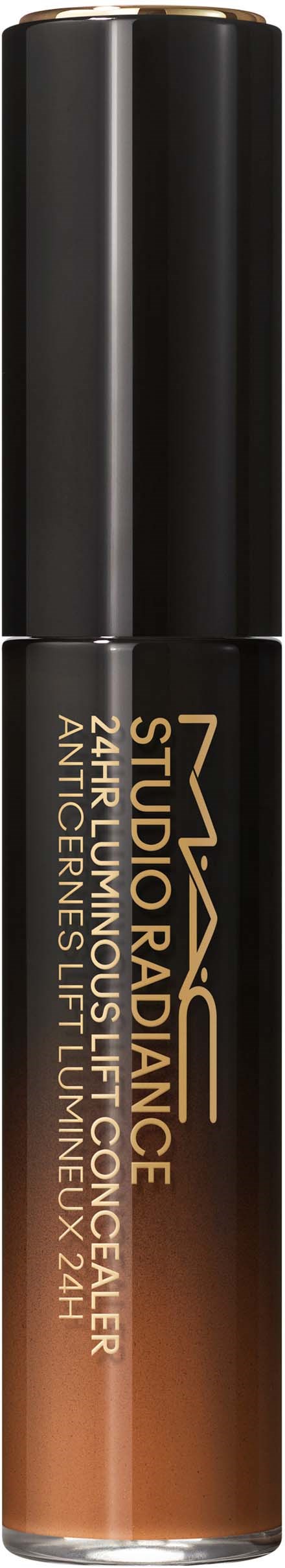 Cosmetische tube met zwarte dop en bruin verloop die vloeibare foundation aanbrengt. Label zegt 'Studio Radiance' en 'Longwear Foundation'.