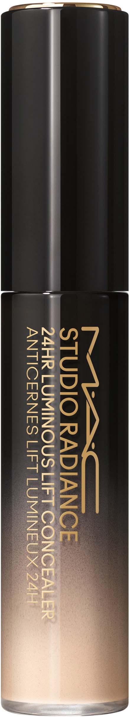 Een buisvormig make-upproduct met een zwarte dop en beige vloeistof erin. Het heeft tekst in goud en beige.