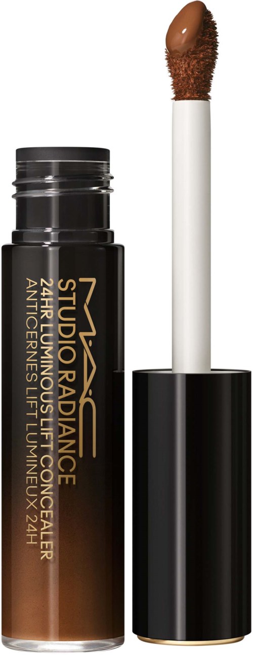 Lippenbalsemdoos met applicator, zwart en goud ontwerp, en bruine lipgloss binnen.