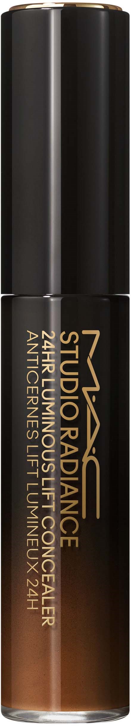 Een zwarte en bruine cilindervormige buis met goud en witte tekst, waarschijnlijk een cosmeticaproduct of huidverzorging.