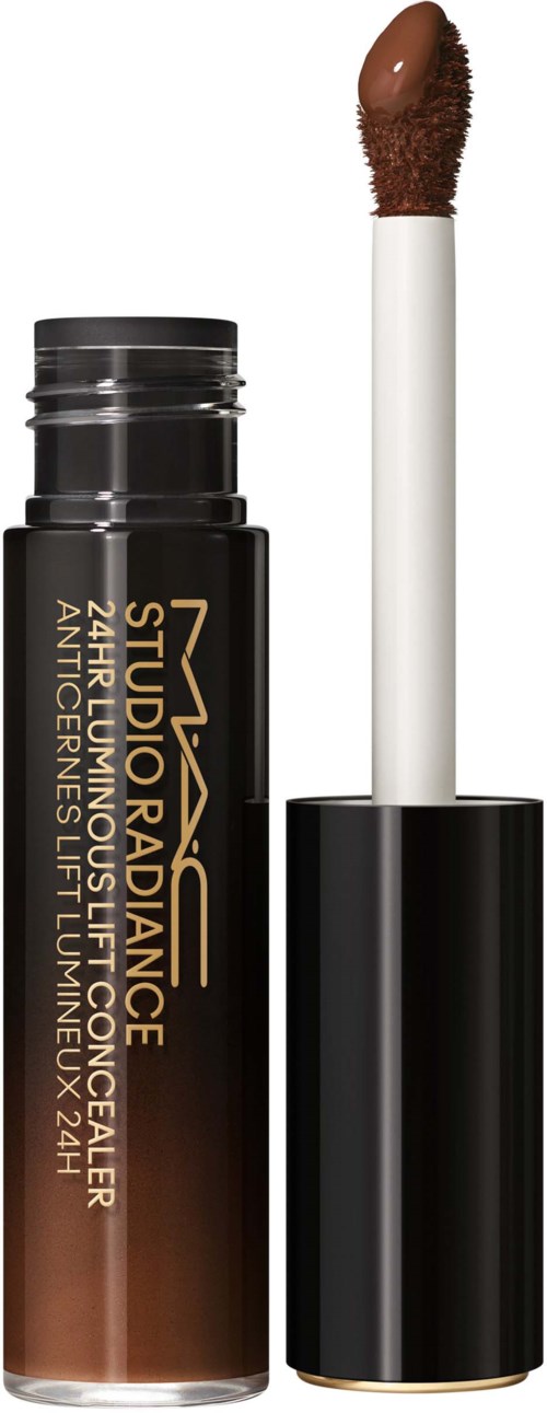 Lipgloss tube met applicator, gemarkeerd MAC Studio Radiance, bevat bruin glans.