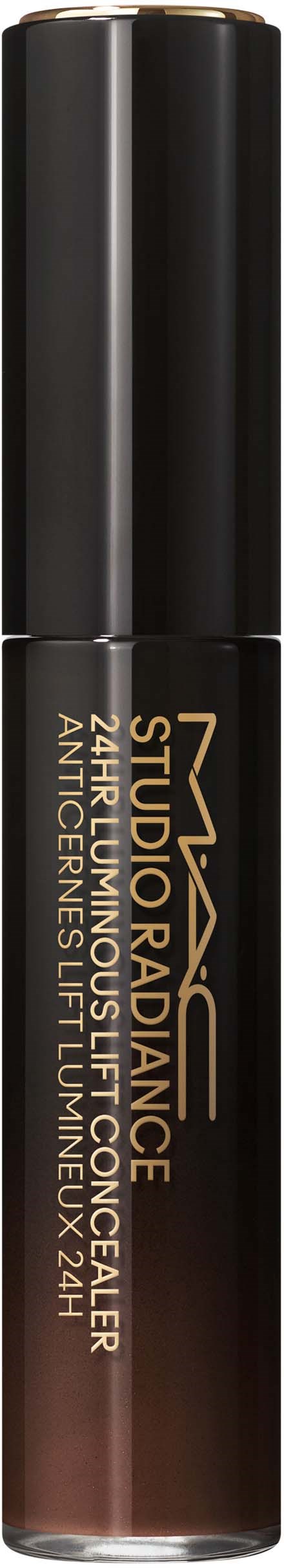 Een zwarte lippenstift met gouden tekst, gemerkt MAC Studio Radiance, 24-uurs glanzlippenstift.