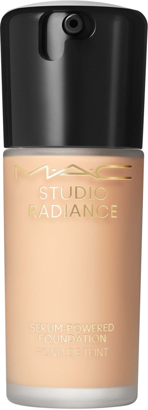 Nude foundation bottle with black pump, labeled MAC Studio Radiance Serum Powered Foundation.
