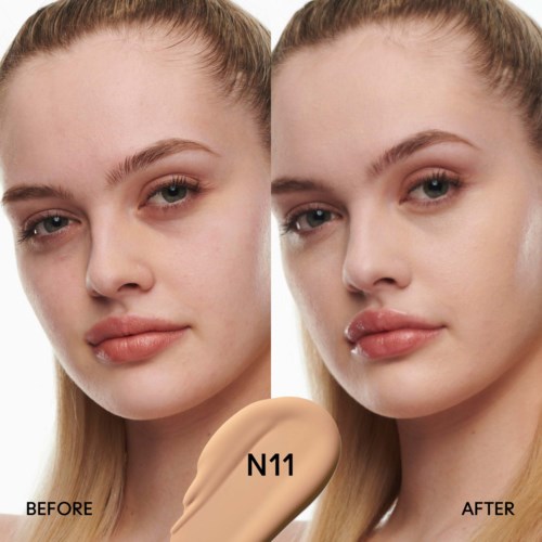 Before and after photos showing a woman's face with smoother skin and fuller lips after using N11 foundation.
