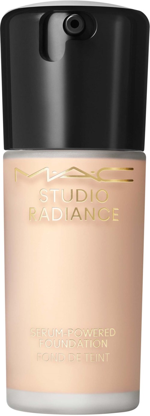 Flesje MAC Studio Radiance serum-gevoede foundation met zwart deksel en licht beige vloeistof erin.