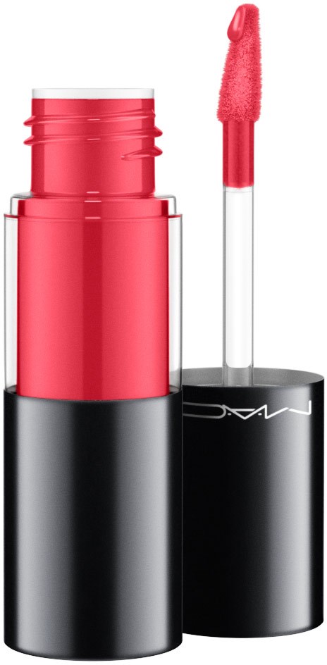A lipstick with a pinkish-red color, with the lid removed and showing the applicator. The container is black and shiny.