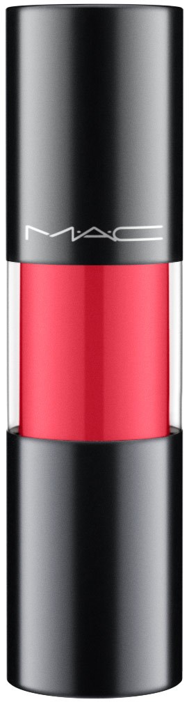 A bright pink lipstick in a black and silver container with the MAC logo on top.