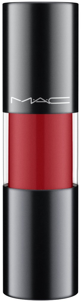 A lipstick with a silver cap and red lipstick showing from the middle. MAC logo on the cap.