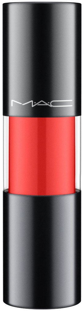 A lipstick tube with a black cap and a bright red lipstick inside.