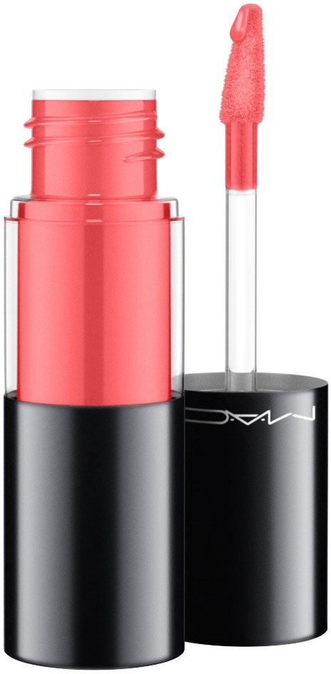 A coral colored lip gloss with a black cap and an applicator brush. The gloss is smooth and ready to use.