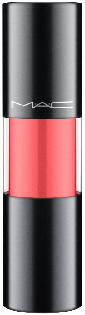 A pink lipstick in a sleek black and silver tube, with the brand MAC on the cap.