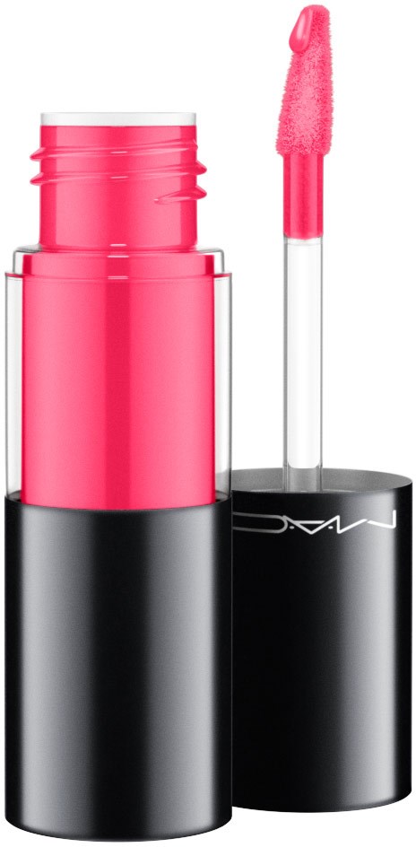 A pink lip gloss with an open tube and applicator. The cap is black, the gloss is bright pink.