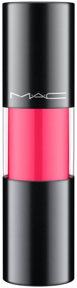 A pink lip gloss tube with a shiny black cap and the MAC logo on it.