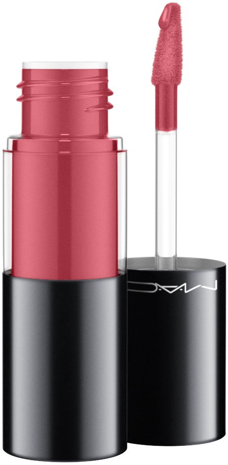Pink liquid lipstick in a black tube, with the lid off and the applicator next to it.