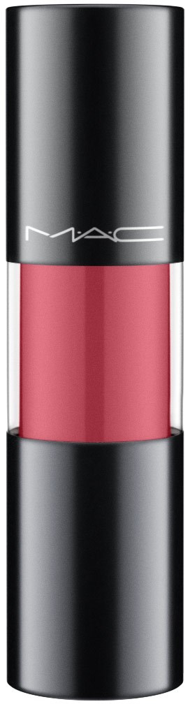 A pink MAC lipstick in a silver and black case. The logo 'MAC' is on the cap.