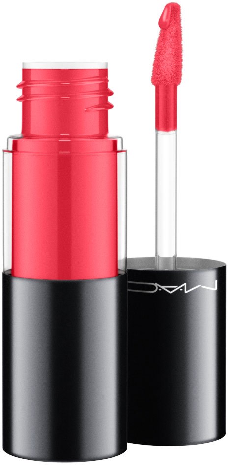 A pink lip gloss with a black cap and a wand applicator attached. The wand has pink gloss on it.