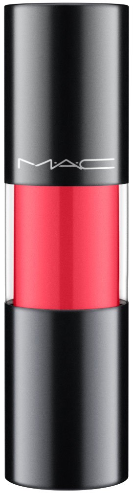 A sleek lipstick in a black tube with a transparent middle showing bright pink lipstick.