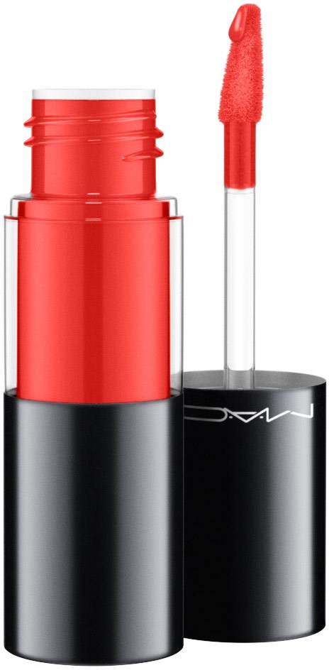 A bright coral lipstick with a black base and a removal applicator with a sponge tip.