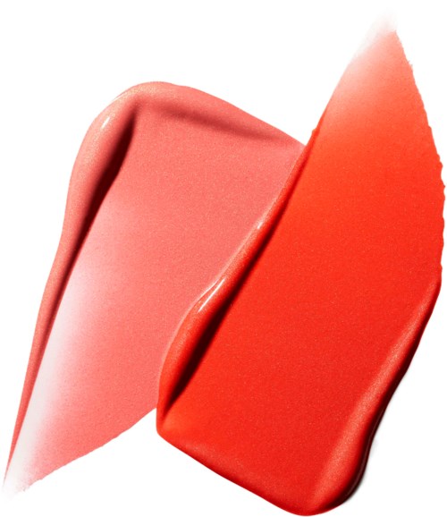 Twee lipstick-stalen, lichtroze en felrode, op een witte achtergrond.