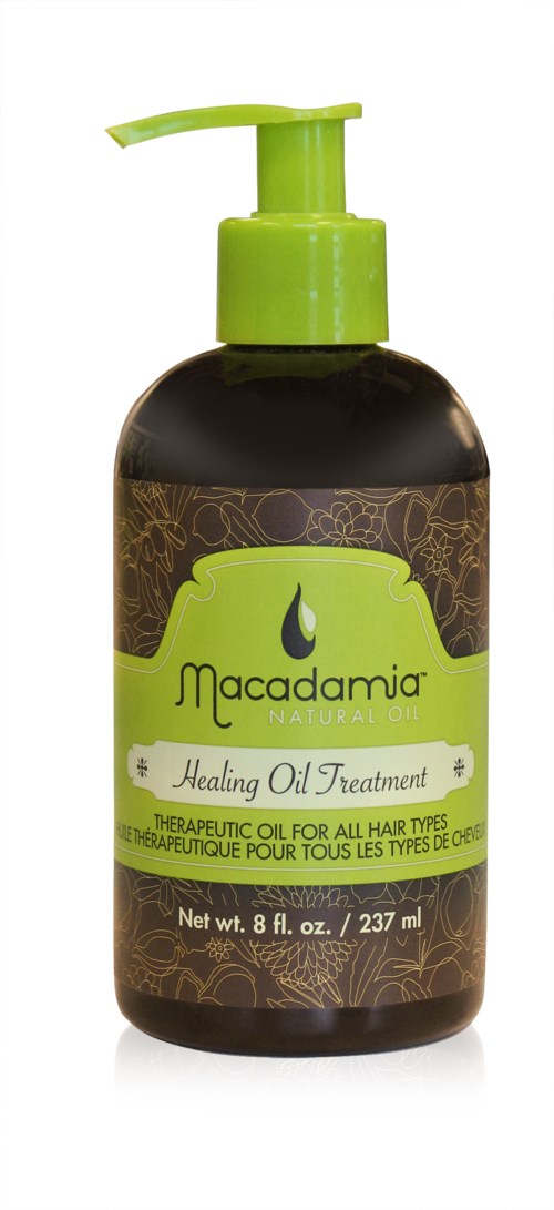 A dark brown bottle with a green pump, labeled Macadamia Healing Oil Treatment, 8 fl oz, designed for hair.