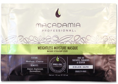 Macadamia Professional hårinpackning i en vit och svart förpackning med grön etikett, som säger att den är viktlös och cruelty-free.