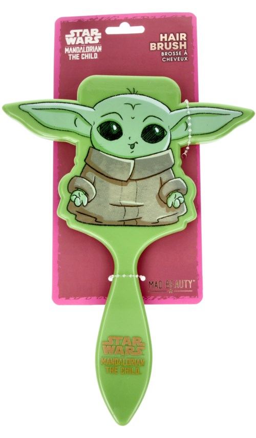 En grön hårborste formad som Baby Yoda från Star Wars, med stora öron och stora ögon.