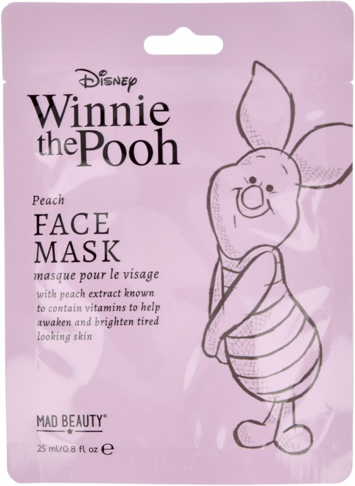 Ett rosa ansiktsmaskblad med Winnie the Pooh-illustration, märkt som pepparansiktsmaske med vitaminfördelar.