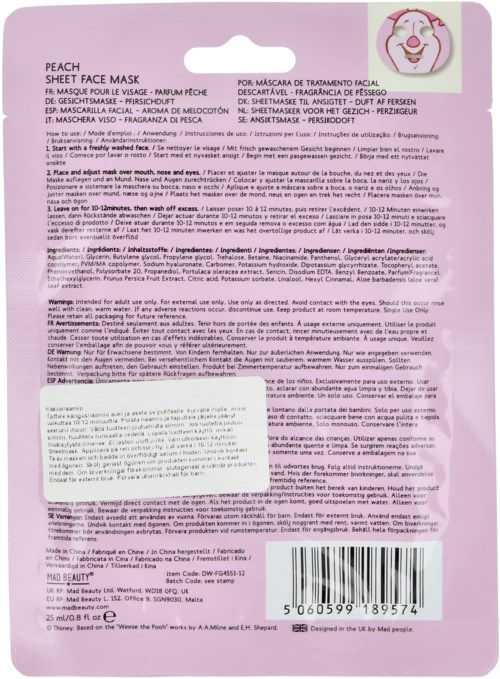 Peachfärgad paket för ansiktsmask med instruktioner och ingredienser på.