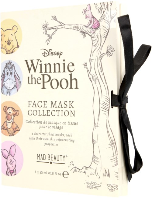 En Disney Winnie the Pooh ansiktsmaskkollektion med fyra karaktärsmasker och ett träd, knuten med svart band.