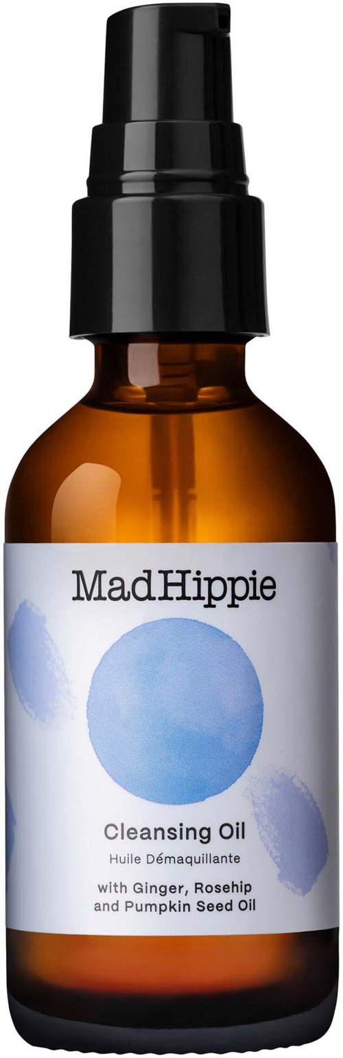 Mała brązowa butelka z pompą, marki Mad Hippie, zawiera oczyszczająco olej z ginsenga, róży i pestek dyni.
