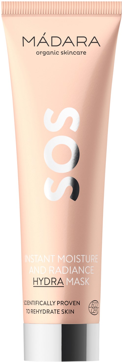 Roze tube met Hydra Mask voor directe hydratatie en straling, door Mádara, met biologische ingrediënten.
