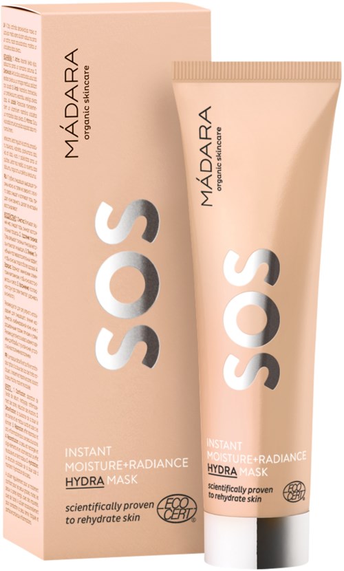 Roze tube en doos met 'SOS' en 'MÁDARA' tekst, promoten een hydraterend gezichtsmasker voor een droge huid.