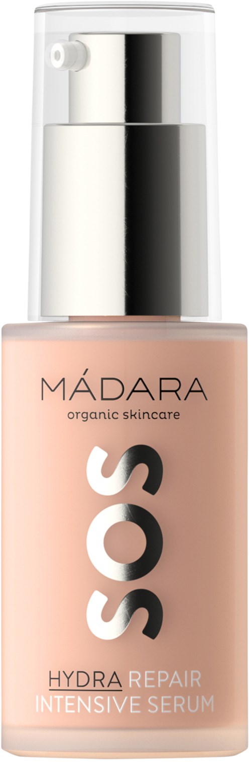 Vaaleanpunainen pullo pumppuruiskulla, nimeltä MÁDARA SOS Hydra Repair Intensive Serum, ihonhoitoon.