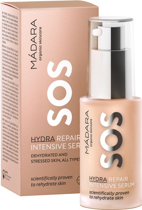 Vaaleanpunainen laatikko ja pullo SOS Hydra Repair Intensive Serum -seerumille kuivuneelle, stressaantuneelle iholle pumpulla.
