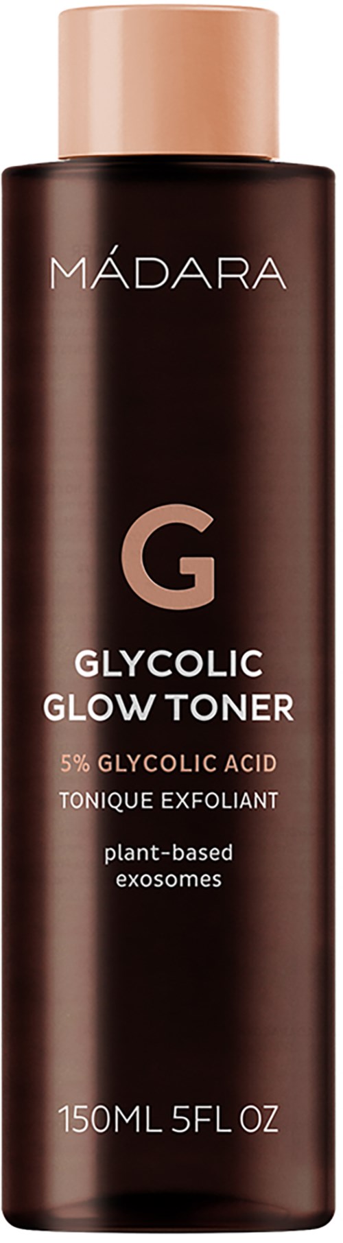 Eine braune Flasche mit Glycolic Glow Toner und beigem Deckel, Marke Madara, 150 ml.