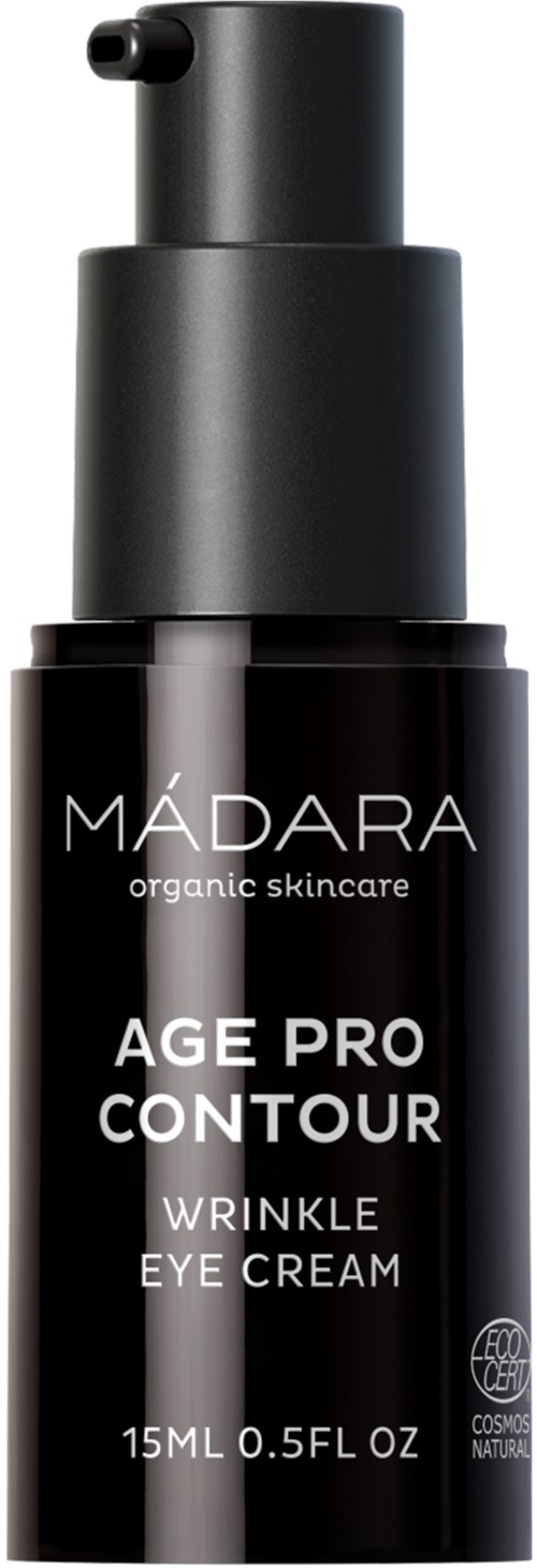 En svart flaske fra MÁDARA Age Pro Contour Wrinkle Eye Cream med pumpe.