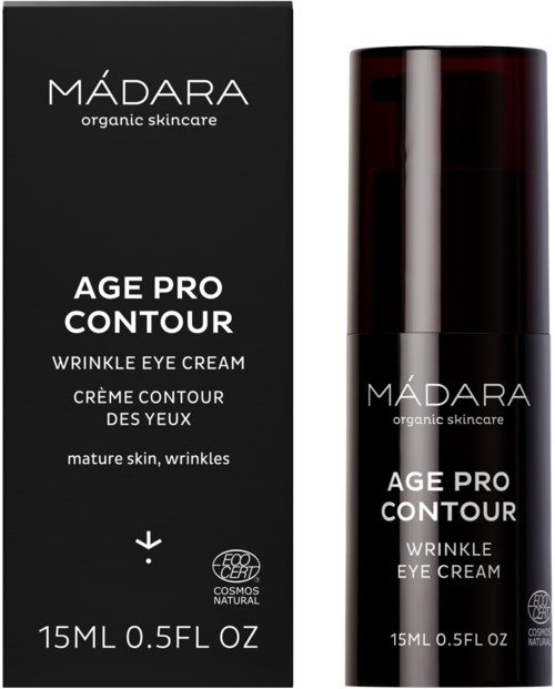 En svart eske og flaske med hvit og grå tekst for Madaras Age Pro Contour Wrinkle Eye Cream, 15 ml, økologisk hudpleie.