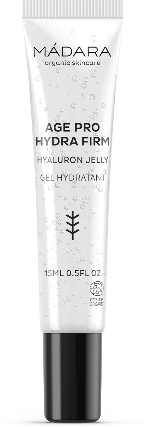 A white tube of Mádara Age Pro Hydra Firm gel with black cap, featuring water droplets and text about hyaluronic gel.