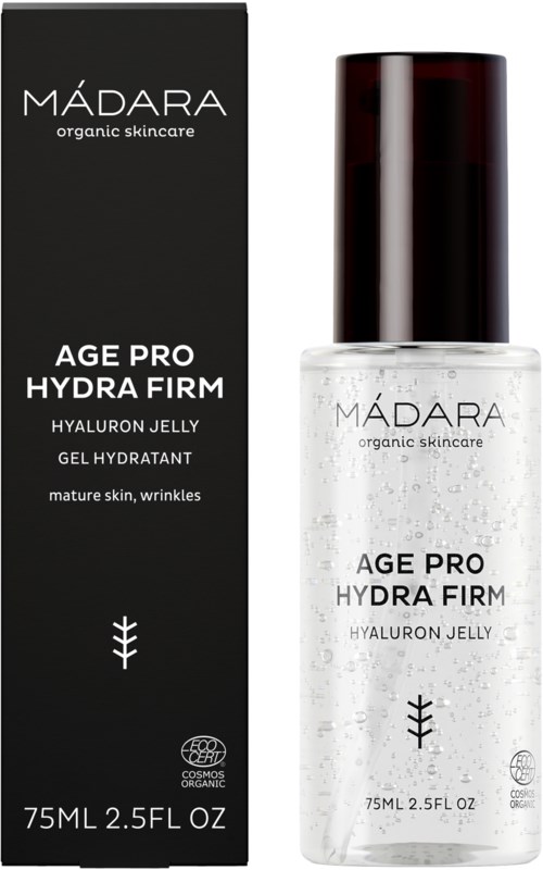 En hudvårdsflaska med svart box, märkt 'Age Pro Hydra Firm' och 'Hyaluron Jelly.'