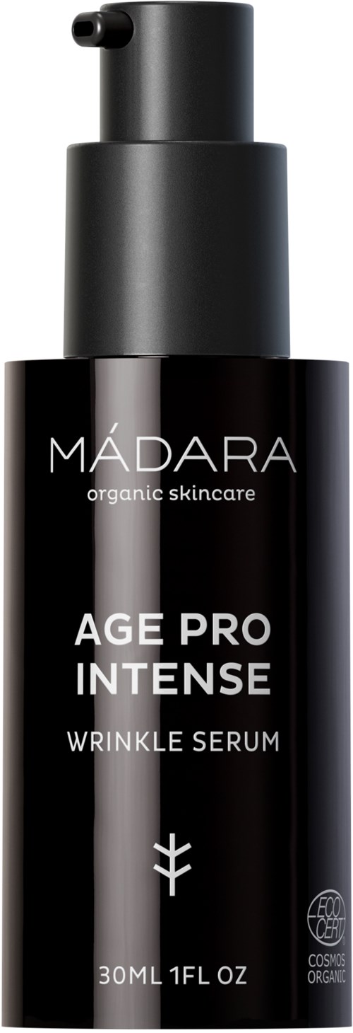En sort flaske med pumpe mærket 'MÁDARA Age Pro Intense Wrinkle Serum' til hudpleje.