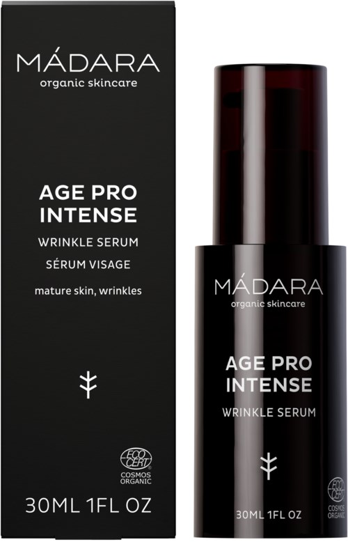 En sort boks og flaske med MADARA Age Pro Intense Wrinkle Serum, mærket med produktnavn og oplysninger, til moden hud.
