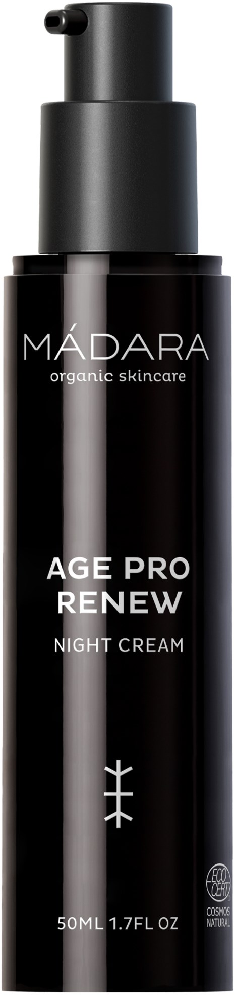 En svart flaske med pumpe merket ADARA age pro renew night cream, 50 ml.