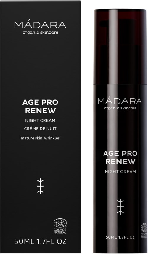 En svart boks og flaske med Madara sin organiske hudpleie Age Pro Renew nattkrem for moden hud og rynker.
